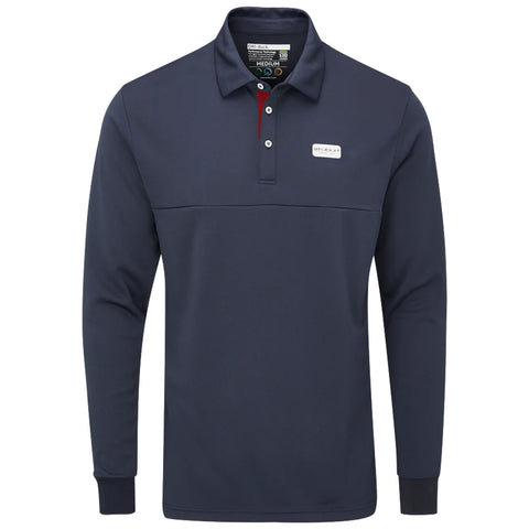 A long-sleeve navy polo shirt featuring a solid color design and a small logo on the chest area, suitable for casual or semi-formal wear in various environments.