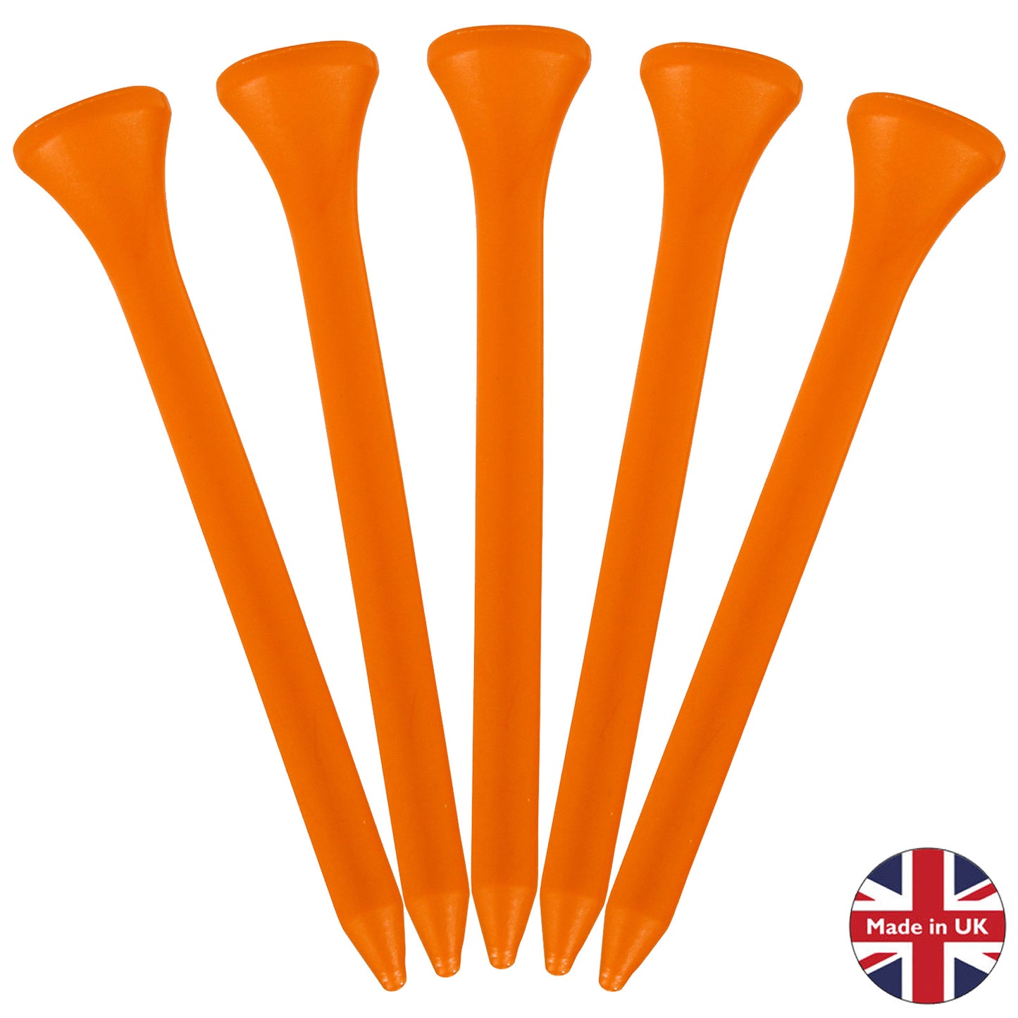 Five orange golf tees stand upright in a row with the pointed ends facing down designed for holding golf balls on a tee during play made in the UK.