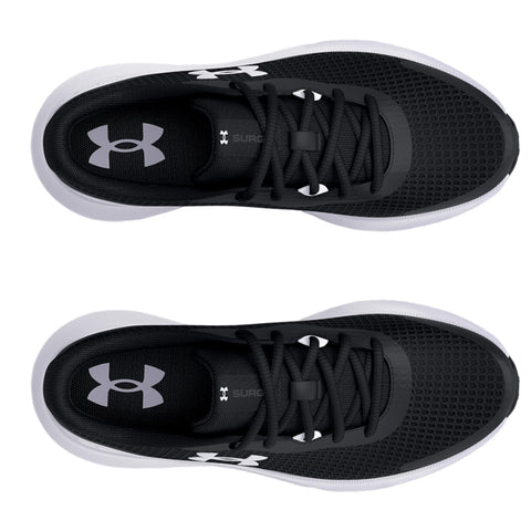 Two black athletic shoes are positioned top-down with white soles and laces. The shoes feature a mesh design and a prominent brand logo on the sides.