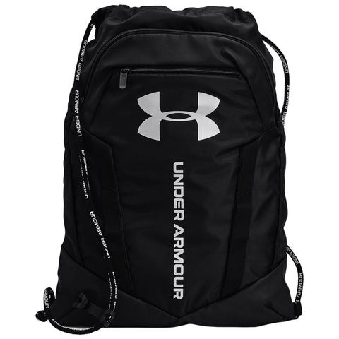 A black backpack features a large white Under Armour logo and branding. It is designed for carrying items and showcases adjustable straps, suitable for athletic or casual use.