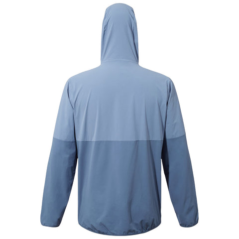 A blue hooded jacket hangs against a neutral background showcasing a plain and smooth fabric with a contrasting darker blue lower panel indicating a casual outdoor usage context.