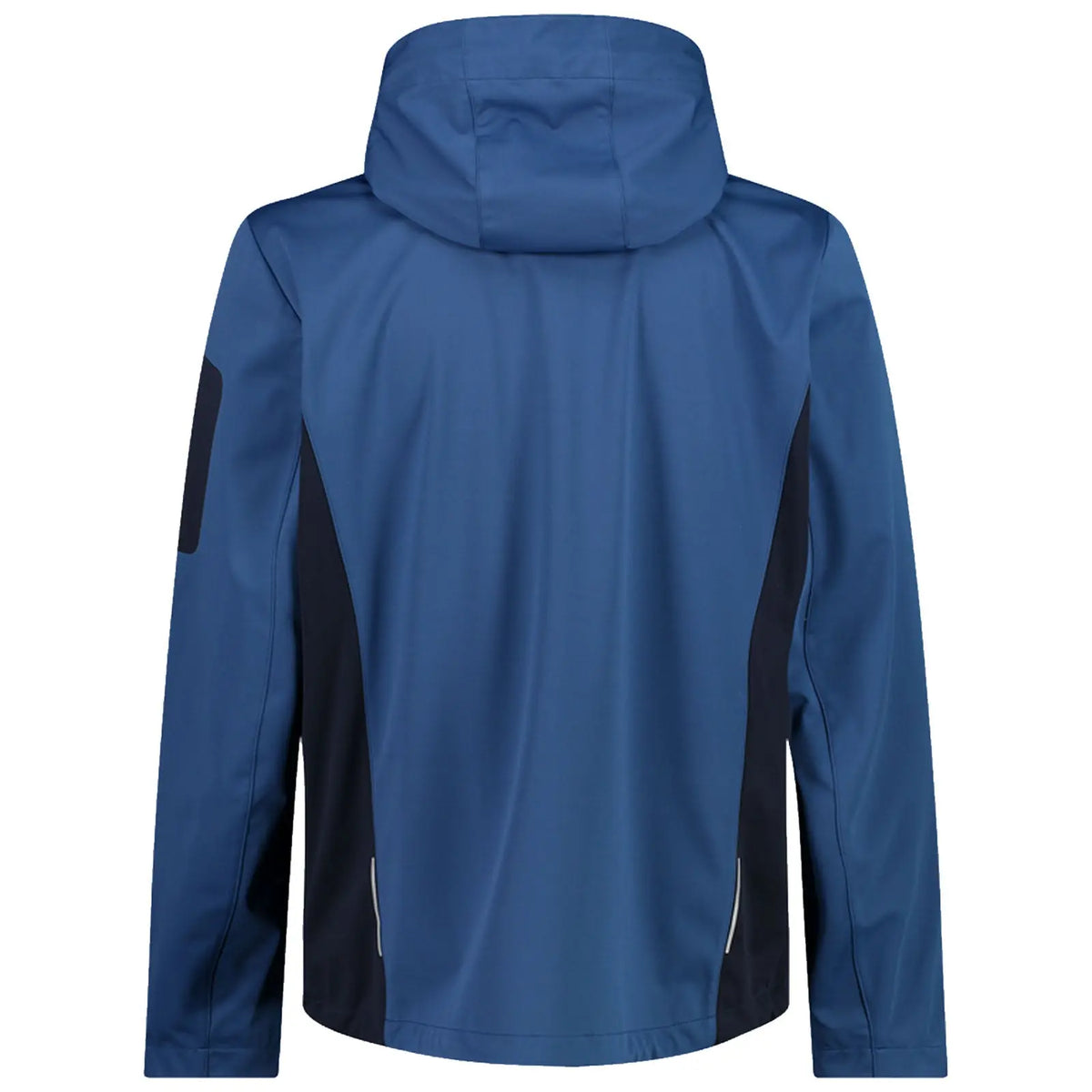 A blue hooded jacket with black side panels hangs vertically displaying its back view in a neutral setting without any visible text or other objects.