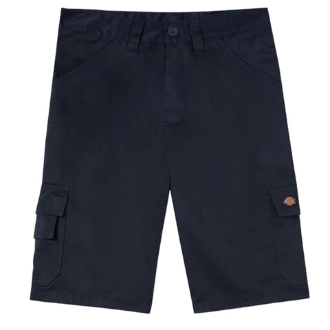 Dark navy cargo shorts are displayed flat featuring multiple pockets and a button closure the context suggests casual wear suitable for warm weather activities.