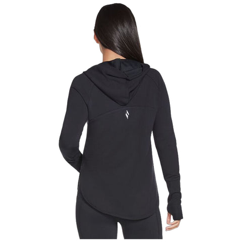 A black hooded sweatshirt is worn by a person, showing the back view, with the context suggesting a casual or athletic setting. The fabric appears comfortable and fitted.