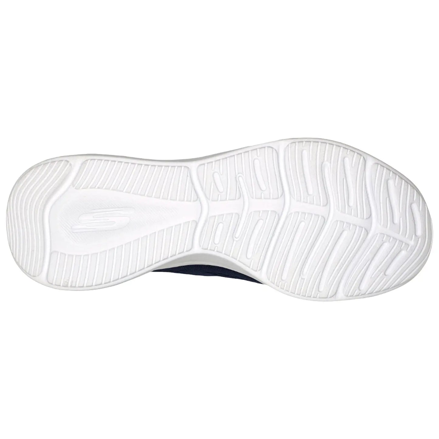 A shoe sole displays a textured white rubber design with grooves and a logo while positioned on a neutral background indicating it's ready for activity or showcasing its features.
