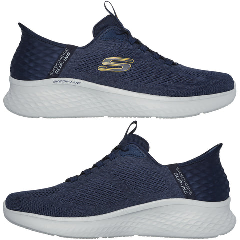 A pair of navy blue athletic shoes features a slip-on design with a textured upper and a thick white sole ideal for casual and active wear.