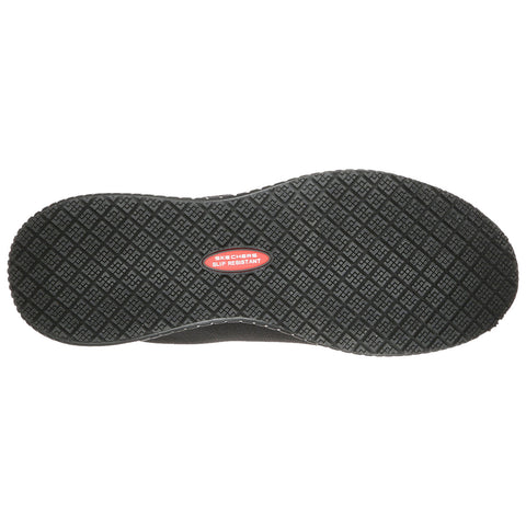 Black sole with a textured pattern is positioned flat against a white background showcasing its slip-resistant feature highlighted by a red label reading SKETCHERS SLIP RESISTANT