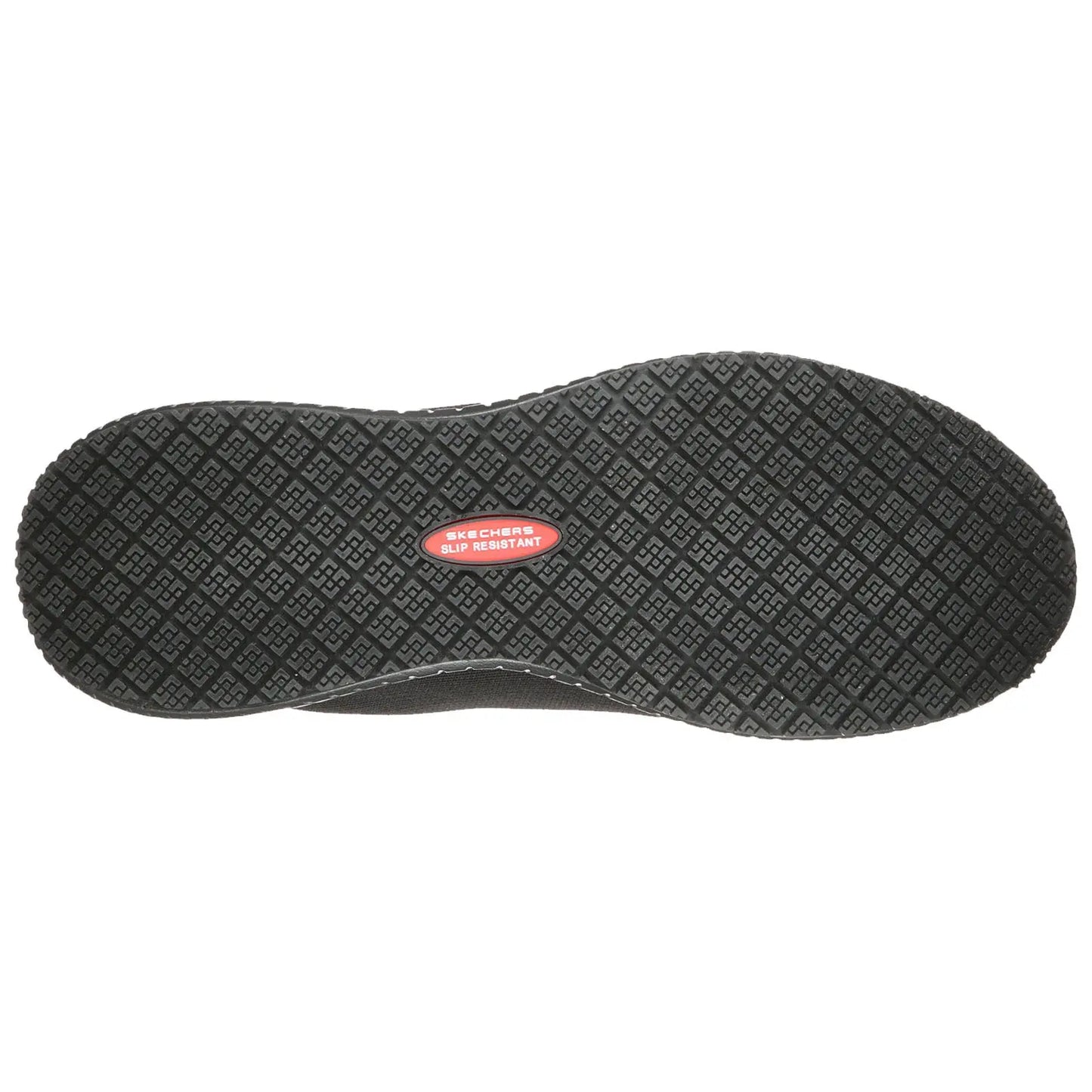 Black sole with a textured pattern is positioned flat against a white background showcasing its slip-resistant feature highlighted by a red label reading SKETCHERS SLIP RESISTANT
