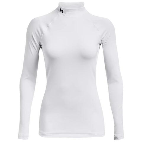 A white long-sleeve athletic top with a high collar is displayed front facing featuring a logo on the neckline designed for activewear and suitable for sports or outdoor activities.