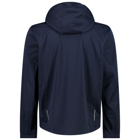 A navy blue jacket with a hood hangs vertically displaying its back side with long sleeves and side zippered pockets emphasizing a sleek and modern design suitable for various casual or outdoor settings