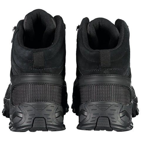 Black athletic shoes are positioned upright with a focus on their rear view showcasing textured material and padded collars in a neutral white background setting.