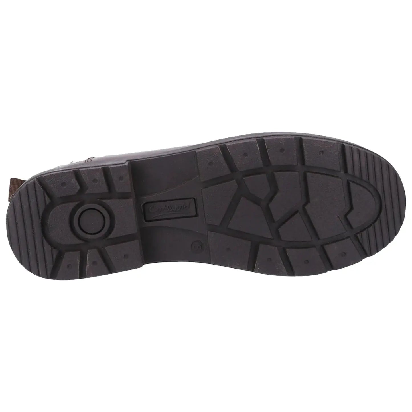 A dark shoe sole with a rugged tread pattern rests flat on a surface showcasing its texture and grip features meant for traction and durability in various terrains.