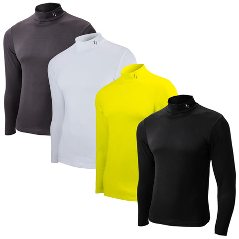 Four long-sleeve turtlenecks in various colors are displayed side by side The colors include black dark gray white and bright yellow each shirt has a fitted design