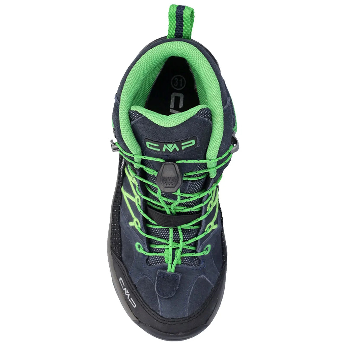 A hiking shoe features a dark blue upper with bright green laces and lining. The shoe is designed for outdoor activities and showcases a durable sole for traction.