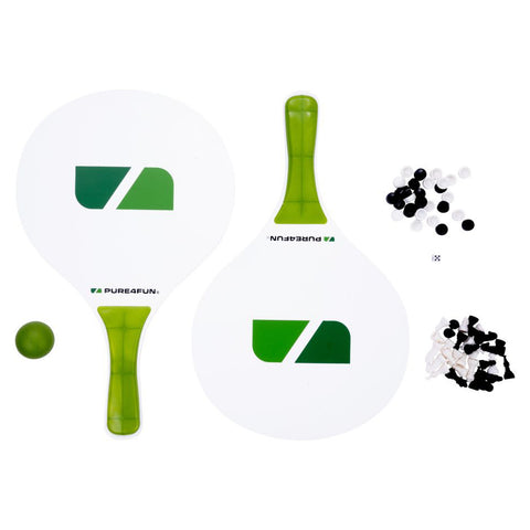 Two paddleball paddles with green accents are positioned alongside a small green ball and assorted small black and white discs, placed on a white background for a clean presentation.