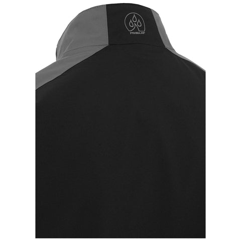 A black jacket with gray accents is displayed showing the back collar area featuring a logo that resembles three water droplets and the text PROQUIP near the collar seam.