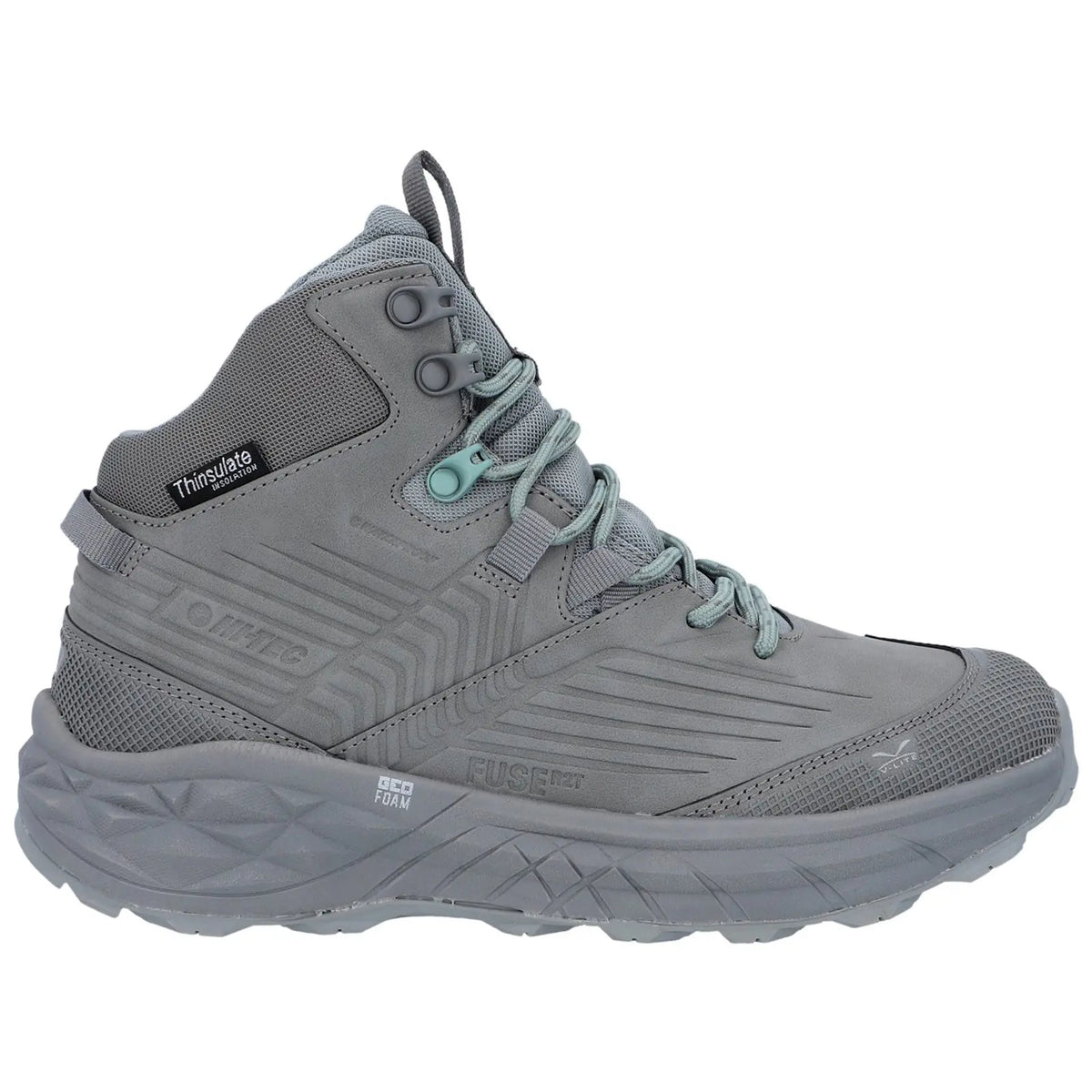 A gray hiking boot features a textured upper with laces and metal eyelets providing ankle support designed for outdoor activities in rugged terrain.
