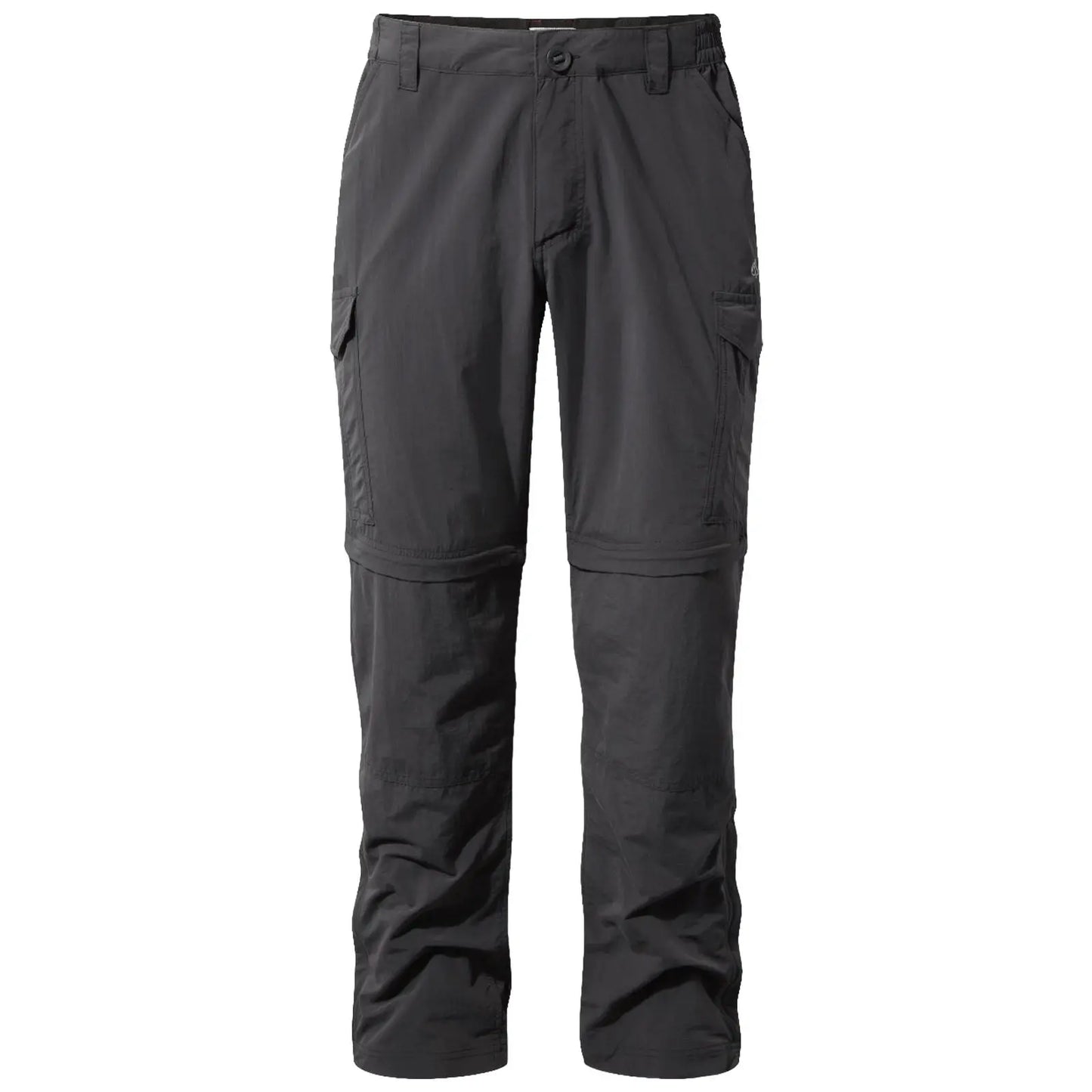 Black outdoor pants with zip-off legs are displayed standing upright featuring multiple pockets designed for versatility and comfort in an outdoor environment suitable for hiking or casual wear.