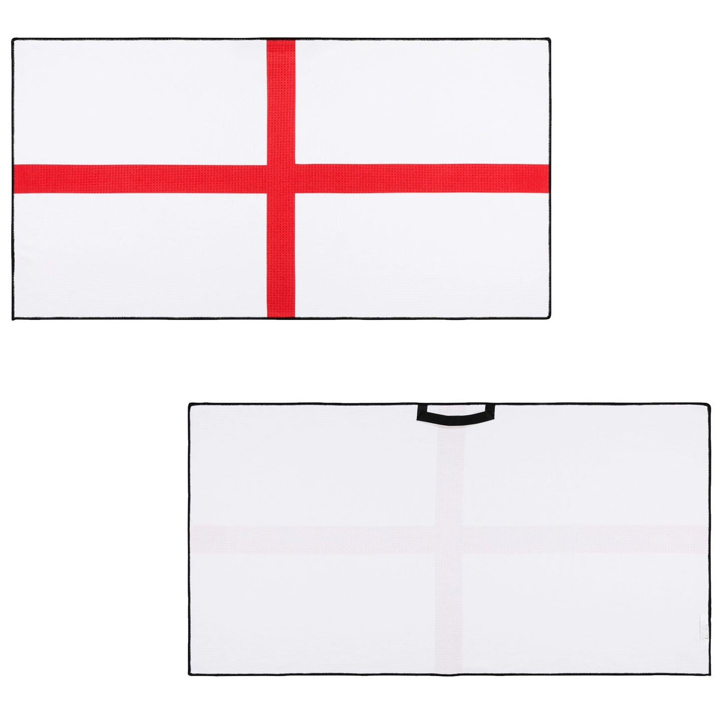 Two flags are displayed: one prominently shows a red cross on a white background while the other features a subtle white cross. Both flags have black borders.