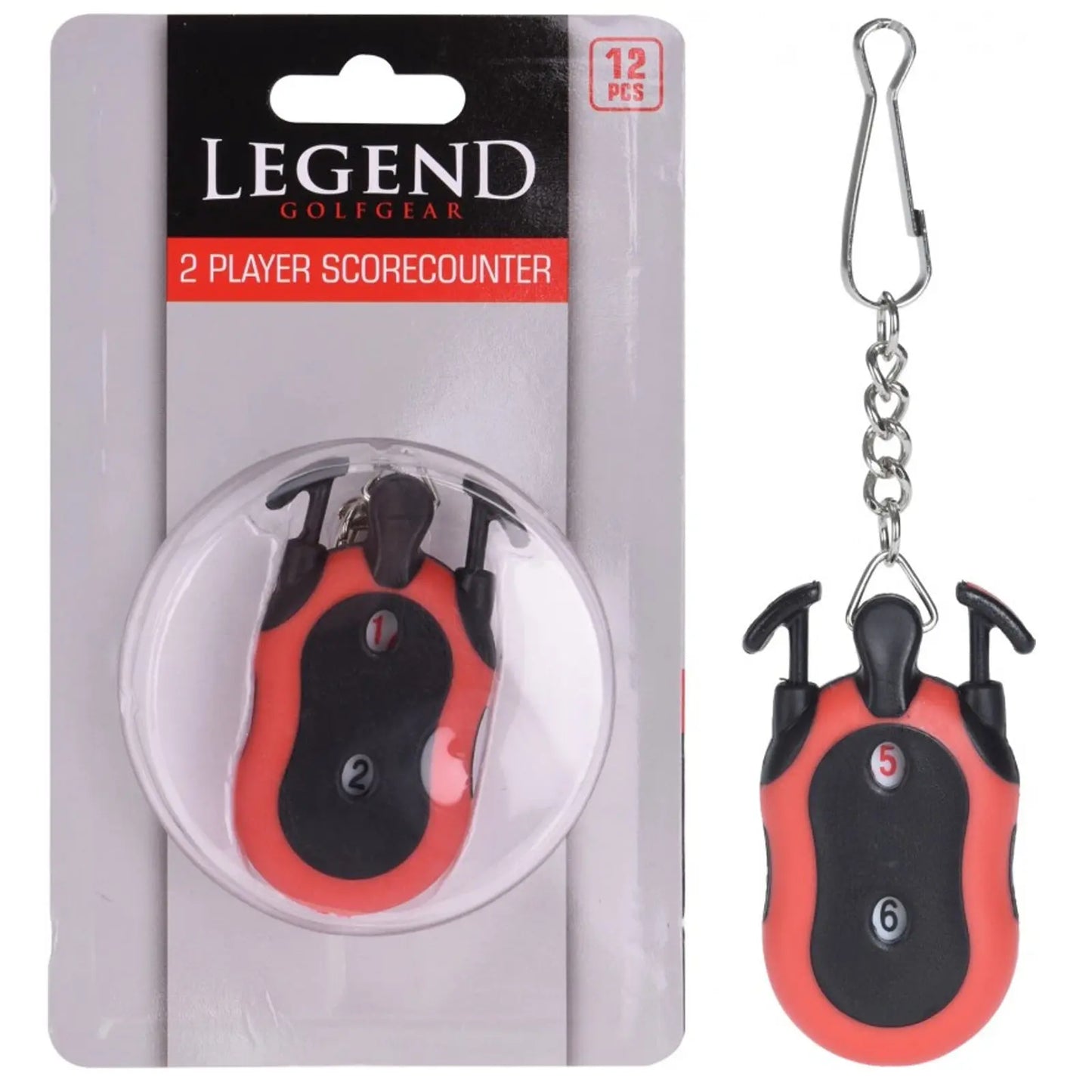 A red and black two-player score counter is displayed in a plastic casing with a hook for attachment and buttons labeled 1 to 6 for tracking scores. The packaging is branded "Legend Golfgear."