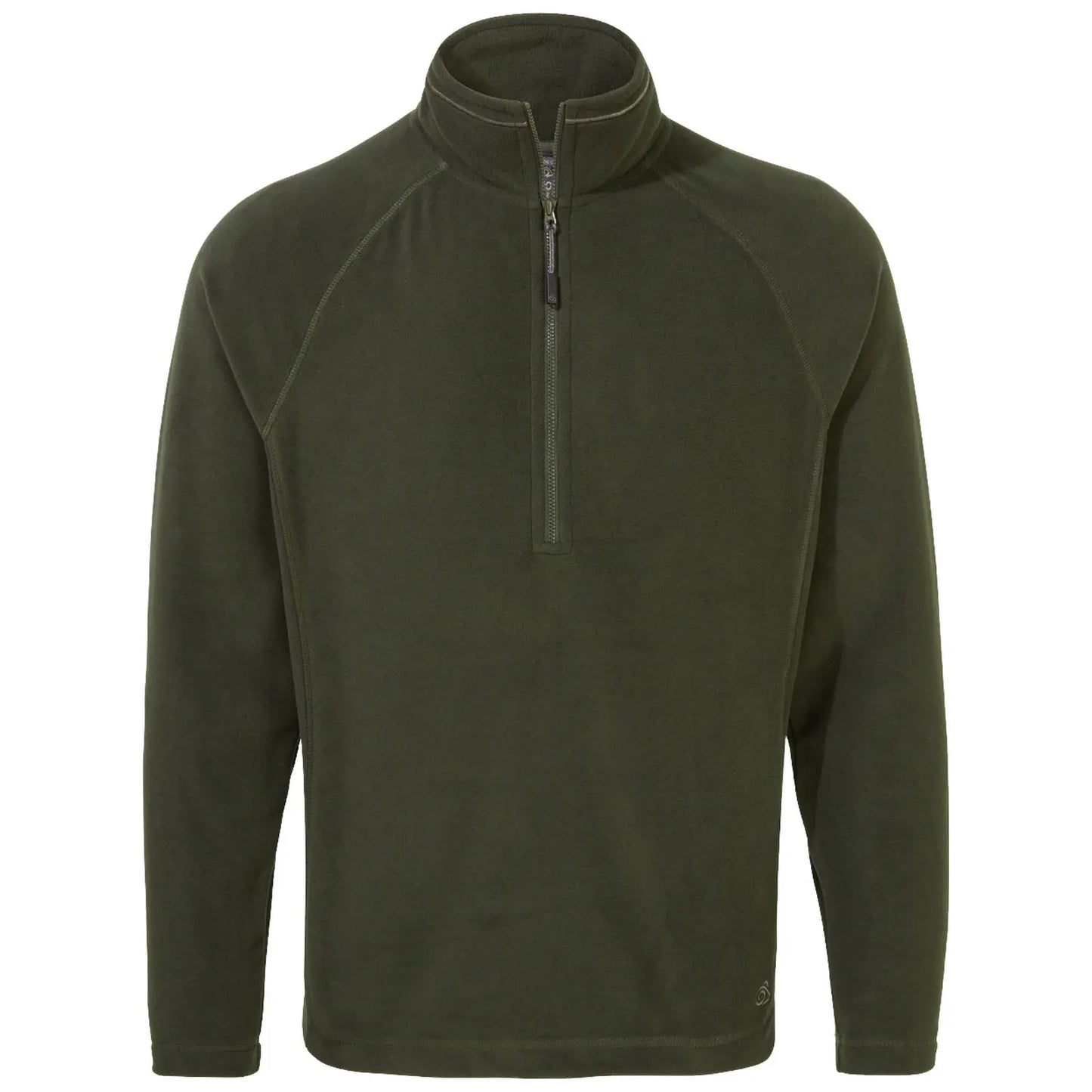 A dark green fleece pullover features a half-zip closure at the neck with long sleeves and a simple, casual design suitable for outdoor or indoor wear.