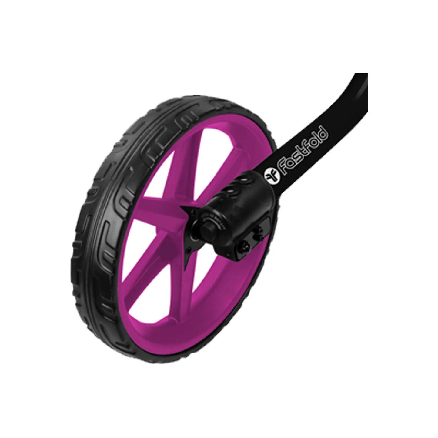 A purple wheel with a black rubber tire and a sleek design is positioned upright showcasing its spokes and axle in a minimalist setting.