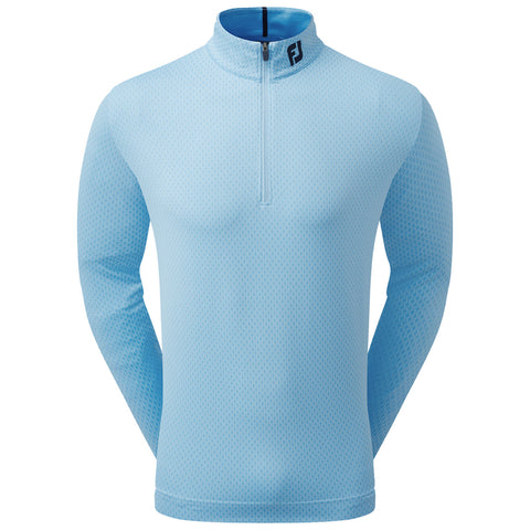A light blue long-sleeved golf pullover features a half-zip collar and a textured pattern throughout the fabric the garment is displayed against a plain light background.