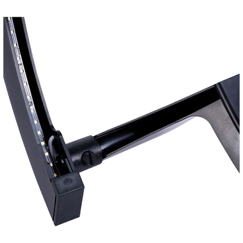 A black lamp arm extends from a base with attached LED lights highlighting its design and structure while set against a plain white background.