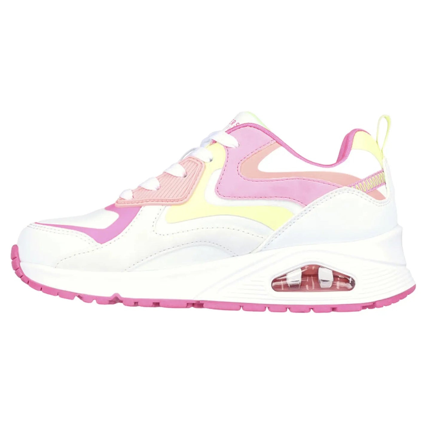 A sneaker with a white base features pink and yellow accents. It has a chunky sole with visible air cushioning and white laces, suitable for casual wear and light exercise.