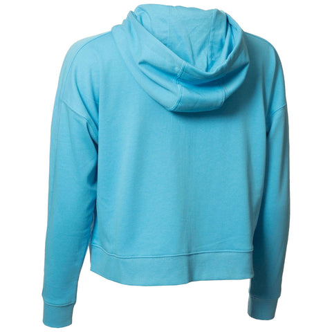 A blue hooded sweatshirt hangs freely displaying its back with a rounded hem and long sleeves in a casual setting typically associated with relaxed clothing or athletic wear.