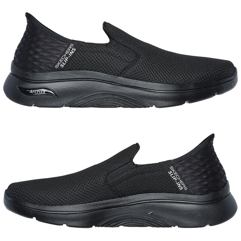 Black slip-on shoes are displayed with a textured upper and a cushioned sole showing the brand name Skechers and the term Arch Fit on the side in a neutral background