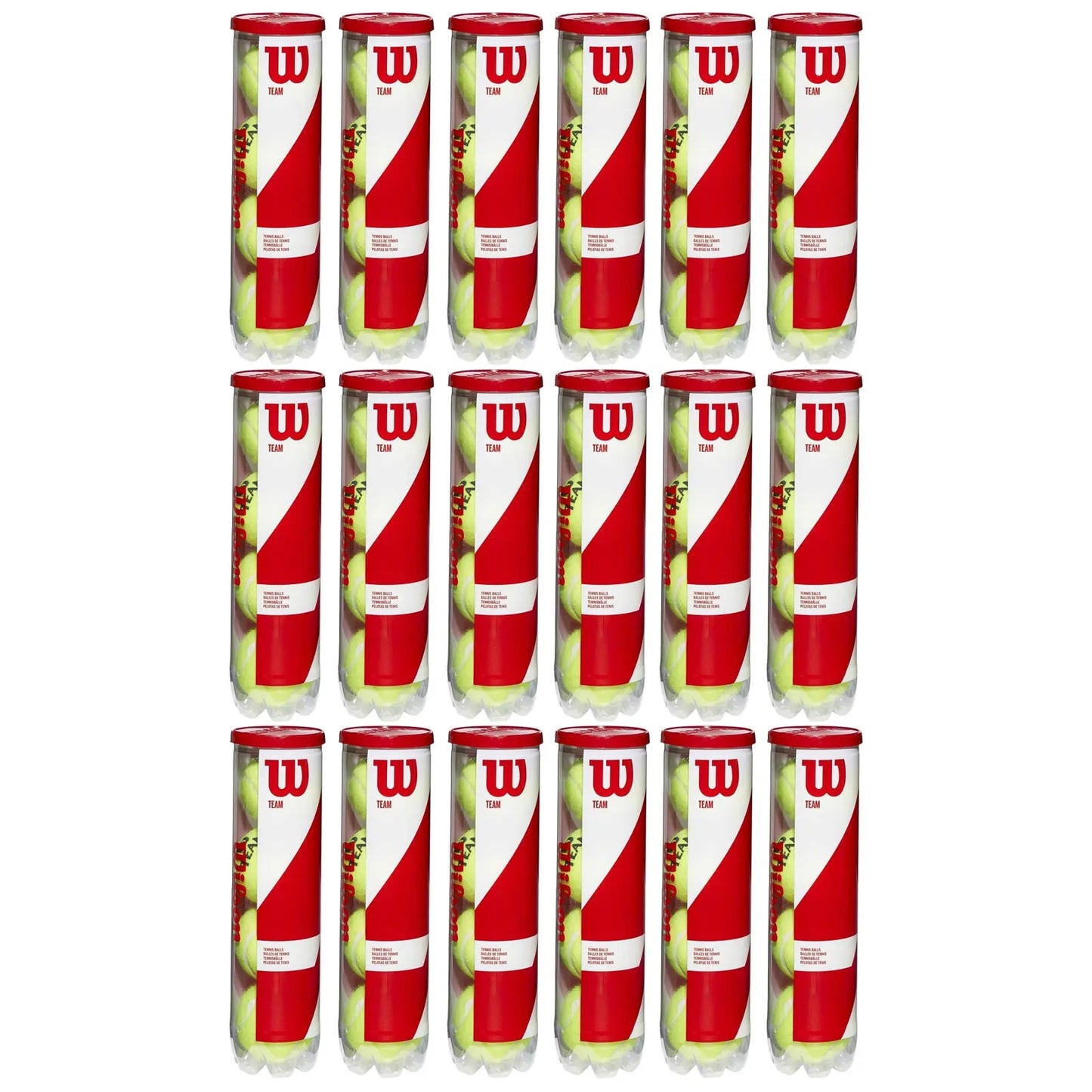 A series of cylindrical containers with red lids and white labels displaying a logo are arranged neatly in a grid pattern showcasing tennis balls inside each container.