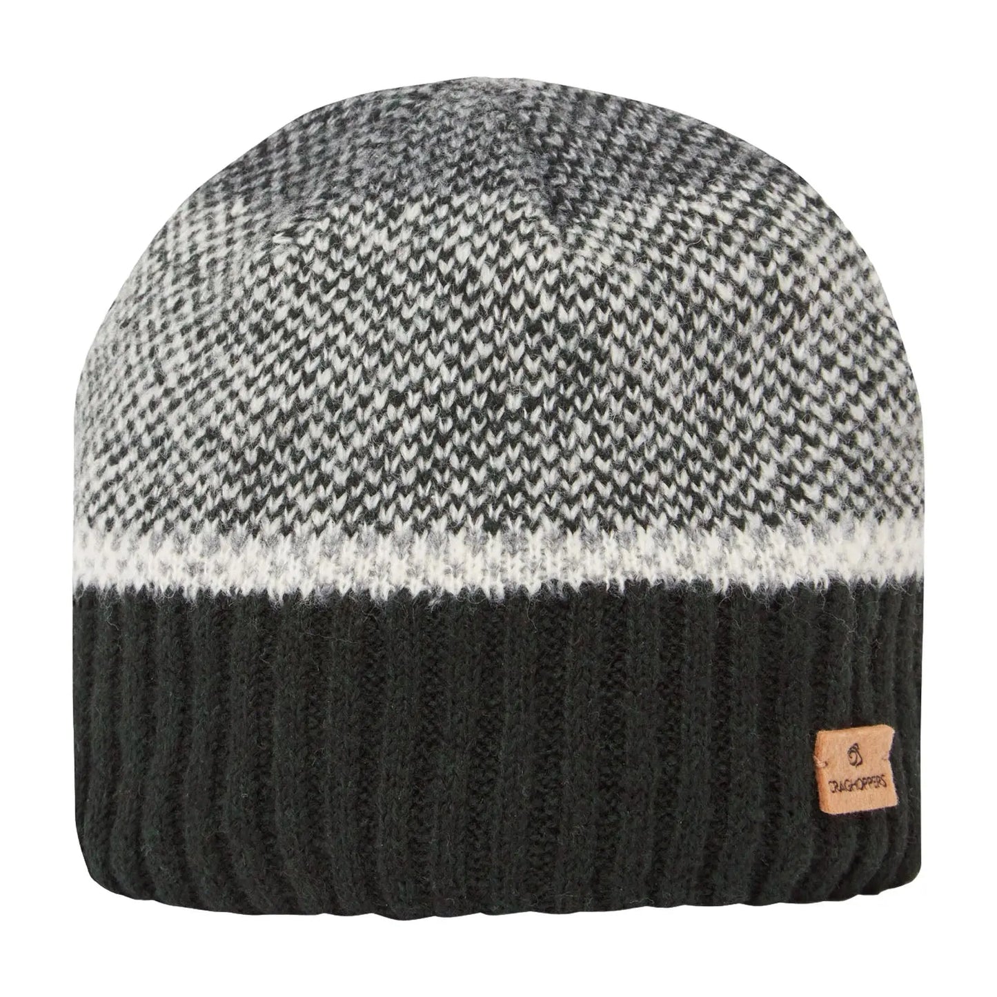 A knitted beanie sits upright showcasing a textured pattern in gray and black with a white stripe at the top and a ribbed black band at the bottom featuring a small leather logo patch.