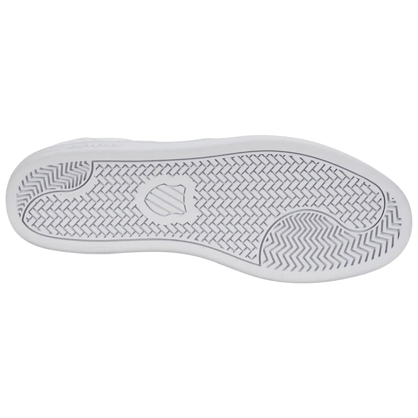 A white shoe sole with a textured pattern is displayed facing down on a neutral background emphasizing its design and grip features without any surrounding context or visible elements.