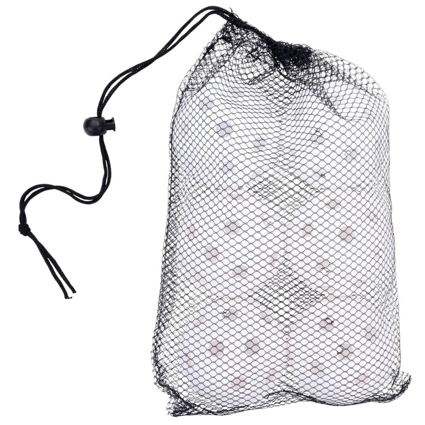 A black mesh bag contains several white balls with dark spots resting inside it hanging by a drawstring in a neutral background.