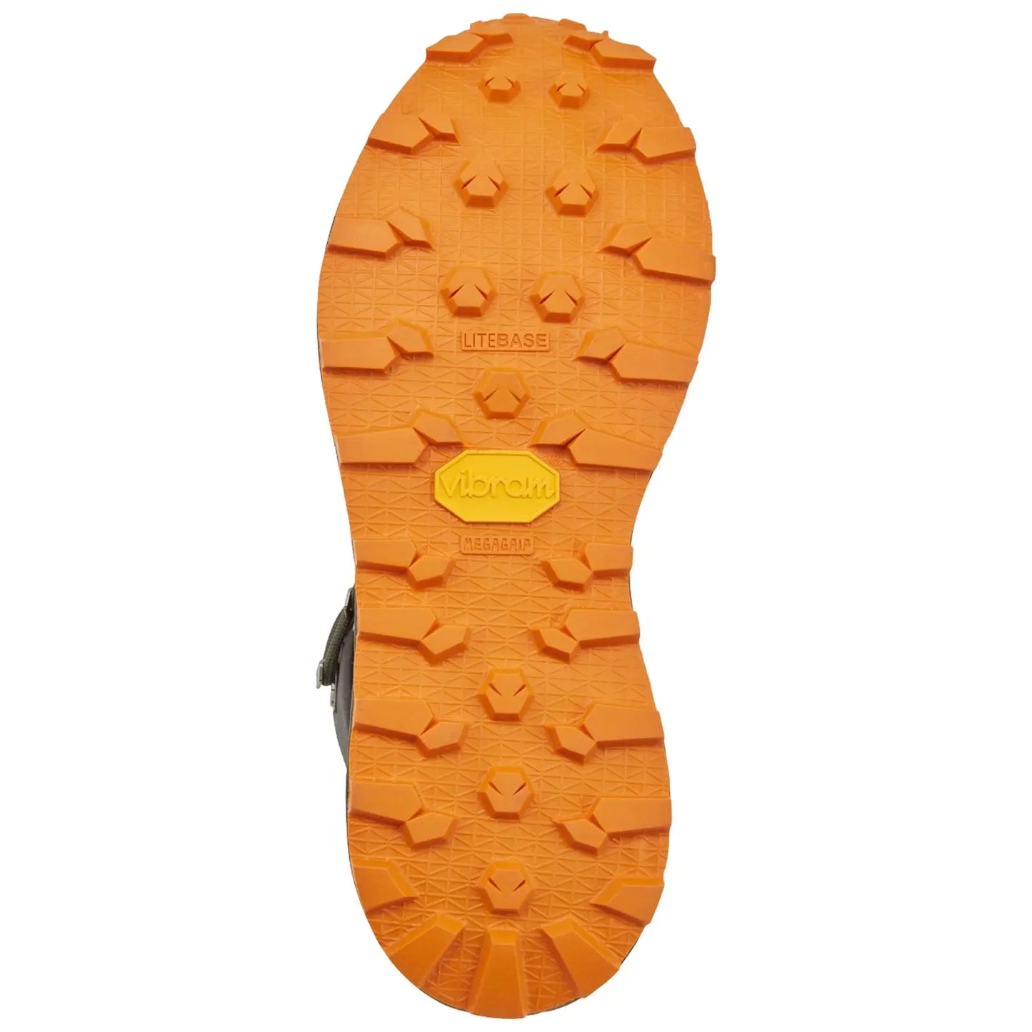 A rugged orange and black shoe sole features traction lugs designed for grip on various surfaces in outdoor environments, showcasing a durable construction ideal for hiking or climbing activities.