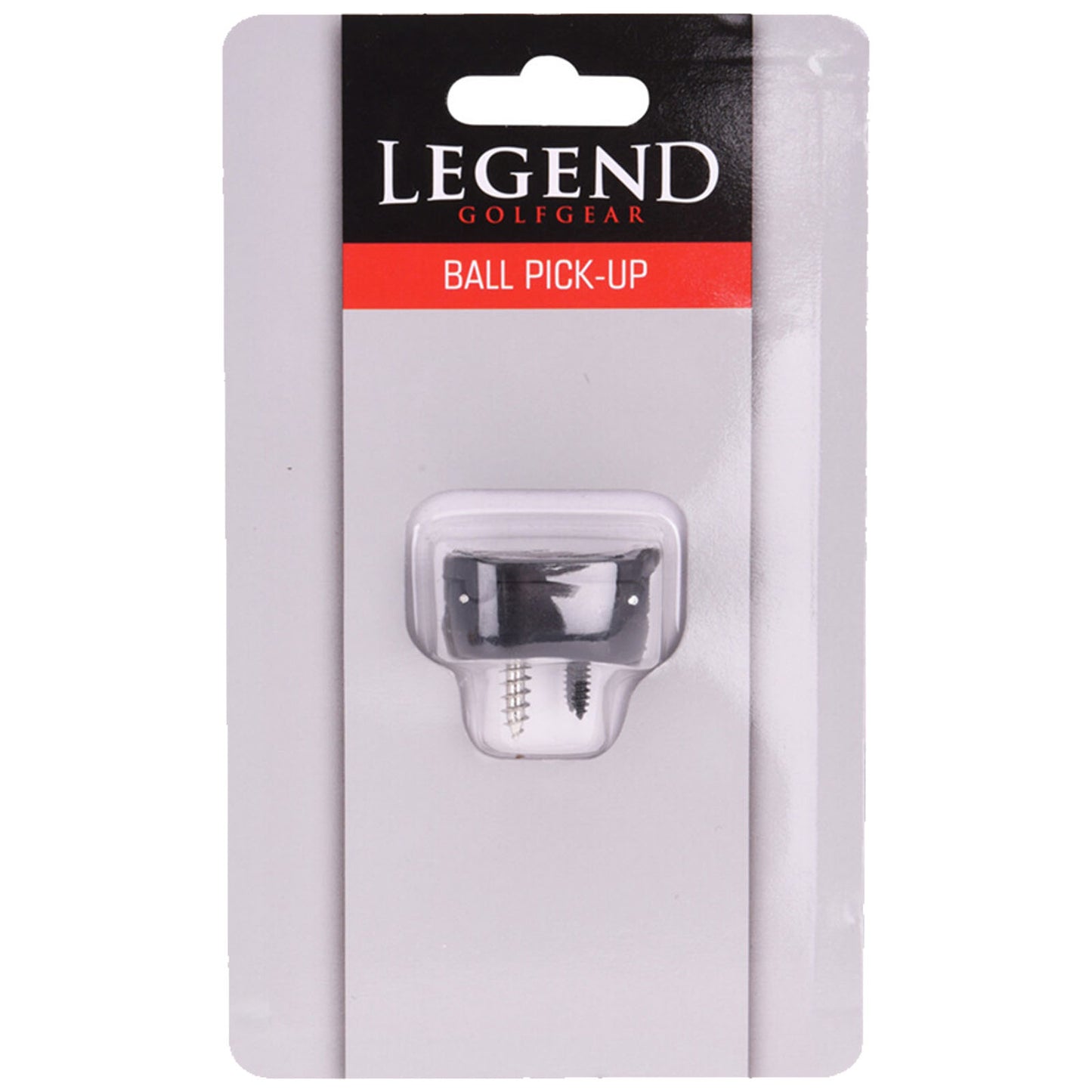 A golf ball pick-up tool is displayed on a card with a hole for hanging it. It features a plastic design for easily retrieving golf balls from the ground. The card is labeled "LEGEND GOLFGEAR BALL PICK-UP."