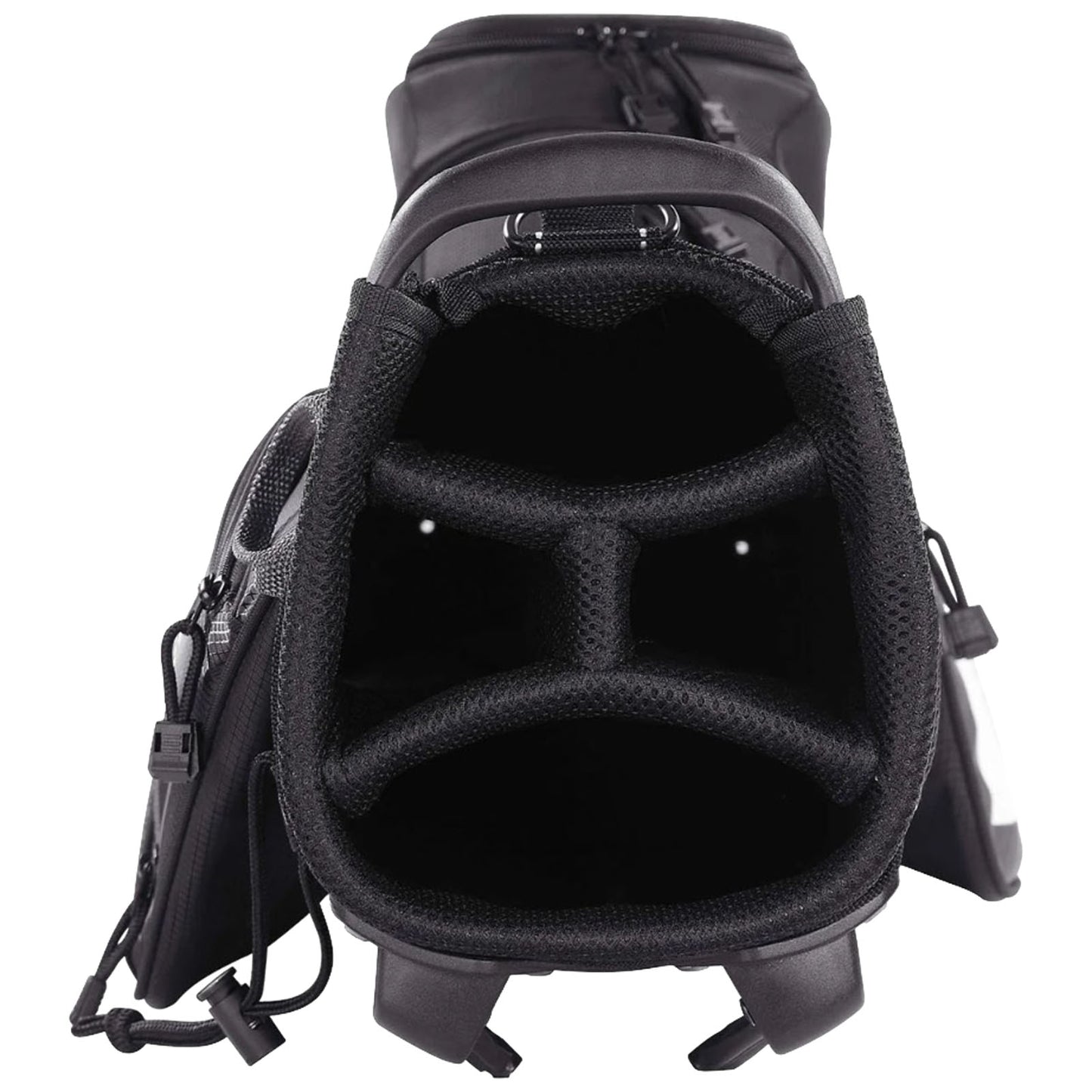 A black golfing bag is viewed from the top showing its empty interior the bag features mesh dividers for club organization and zippers at the back for storage access.