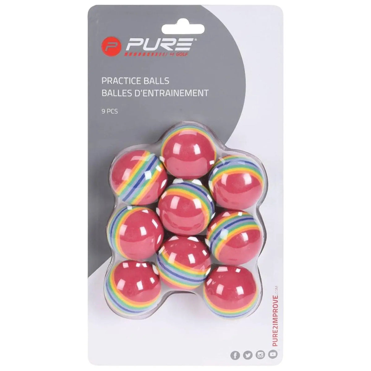 Nine colorful practice balls are packaged tightly together with red and rainbow-striped designs showcasing their intended use for golf training in an organized and protective plastic mold.