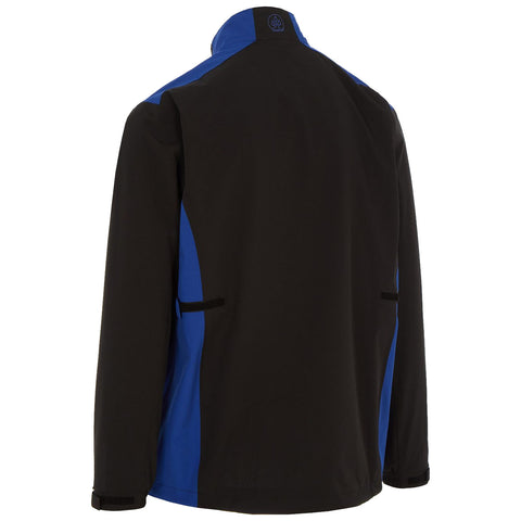 A jacket is displayed featuring a black body with blue accents on the shoulders and sides it has a high collar and long sleeves with side pockets visible