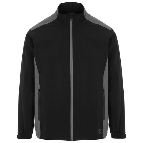 A black jacket is front-facing with gray accents and a zip closure its sleeves are long and tapered the background is plain white emphasizing the jacket's design and colors