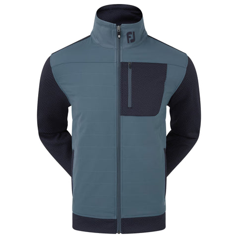 A zippered jacket is displayed with a solid teal upper and dark mesh sleeves featuring a chest pocket the garment is designed for warmth and sport activities in a casual setting