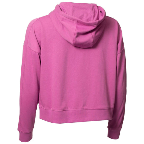 A pink hooded sweatshirt is displayed from the back revealing its soft fabric while showcasing the hood and cuffs in a casual relaxed fit suitable for everyday wear
