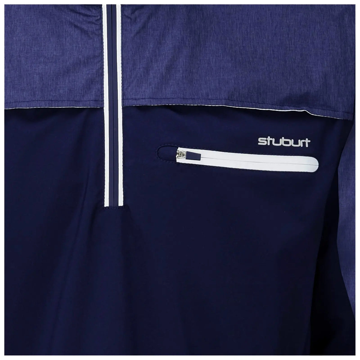 A navy jacket features a zippered pocket and contrasting lighter fabric at the top with a logo labeled stuburt adjacent to the pocket showcasing a sporty style and functionality.