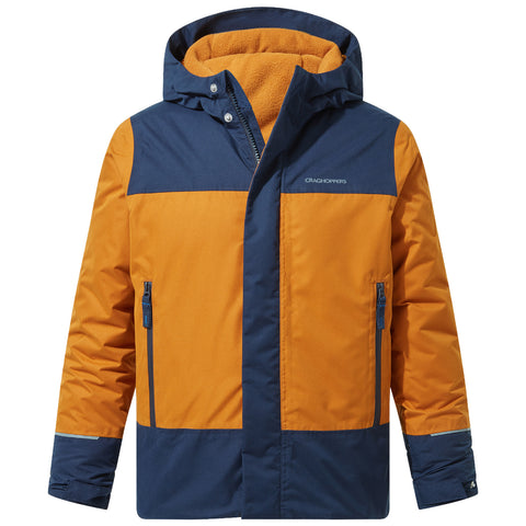 A padded jacket featuring a color block design with bright orange and navy panels is displayed frontally highlighting a hood and zippers in a neutral background.