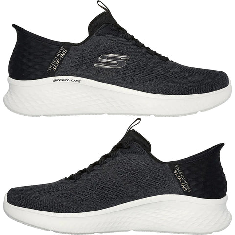 Black athletic shoes are displayed showing a textured upper and white sole with a raised heel the context suggests a focus on comfort and casual wear