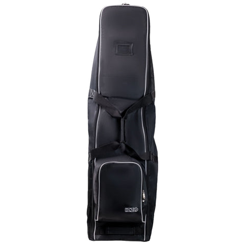 A black golf bag stands upright featuring padded straps and a front pocket for accessories with contrasting white seams in a neutral background.