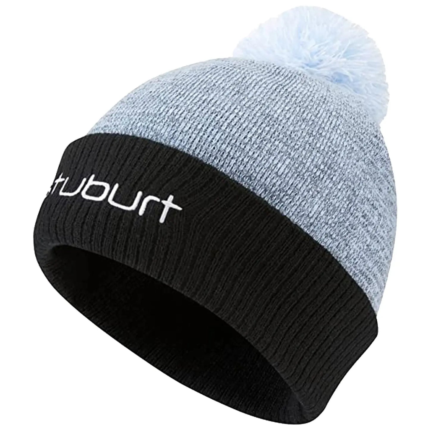 A beanie features a light blue textured top with a fluffy pom-pom and a black ribbed bottom. The word "tuburt" is displayed on the black band.