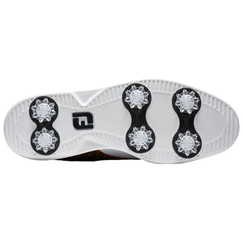A golf shoe sole is featured with six white spikes arranged in two groups on a primarily white surface with textured patterns designed for grip on grass surfaces.