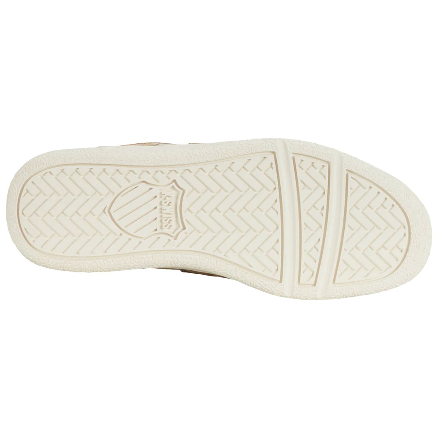 A shoe's sole is displayed flat showing a textured rubber surface with a logo in the center and a pattern of grooves designed for traction and grip